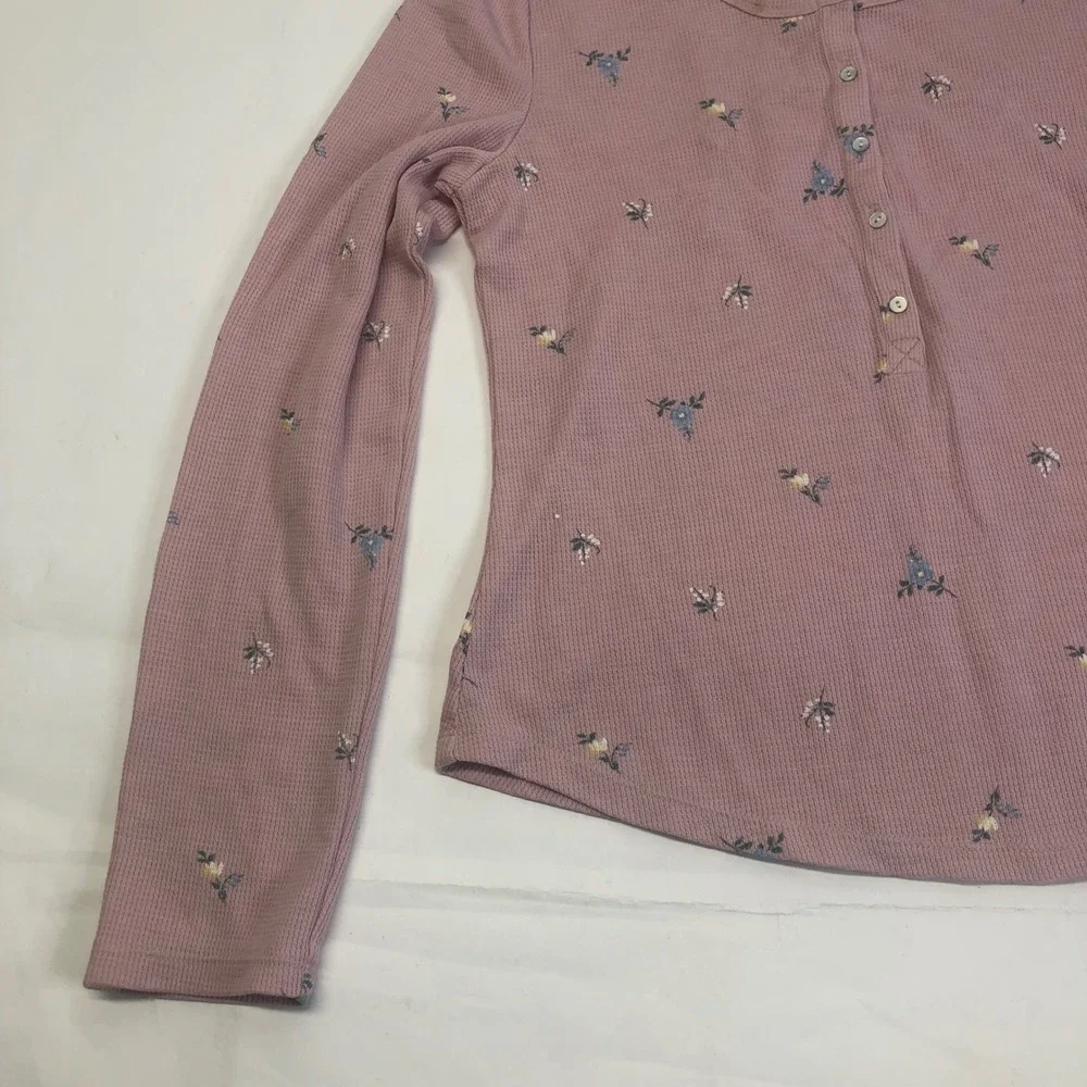 Lucky Brand Floral Waffle Knit Henley‎ Top Long Sleeve Casual Pink L - Picture 8 of 10
